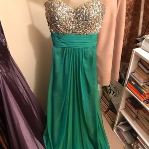 La Femme green and gold beaded prom dress